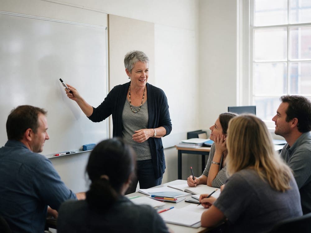A tutoring college founder teaching a small class