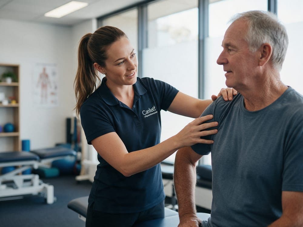A physiotherapist assessing a patient in her clinic