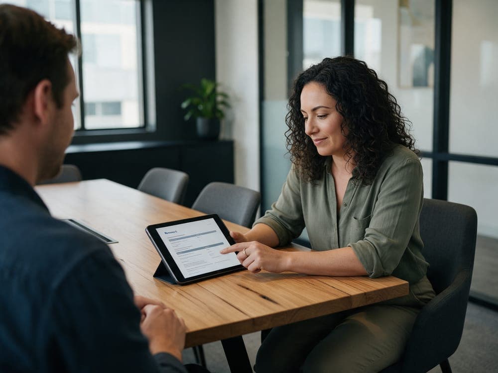 A mortgage broker reviews a loan document with a client