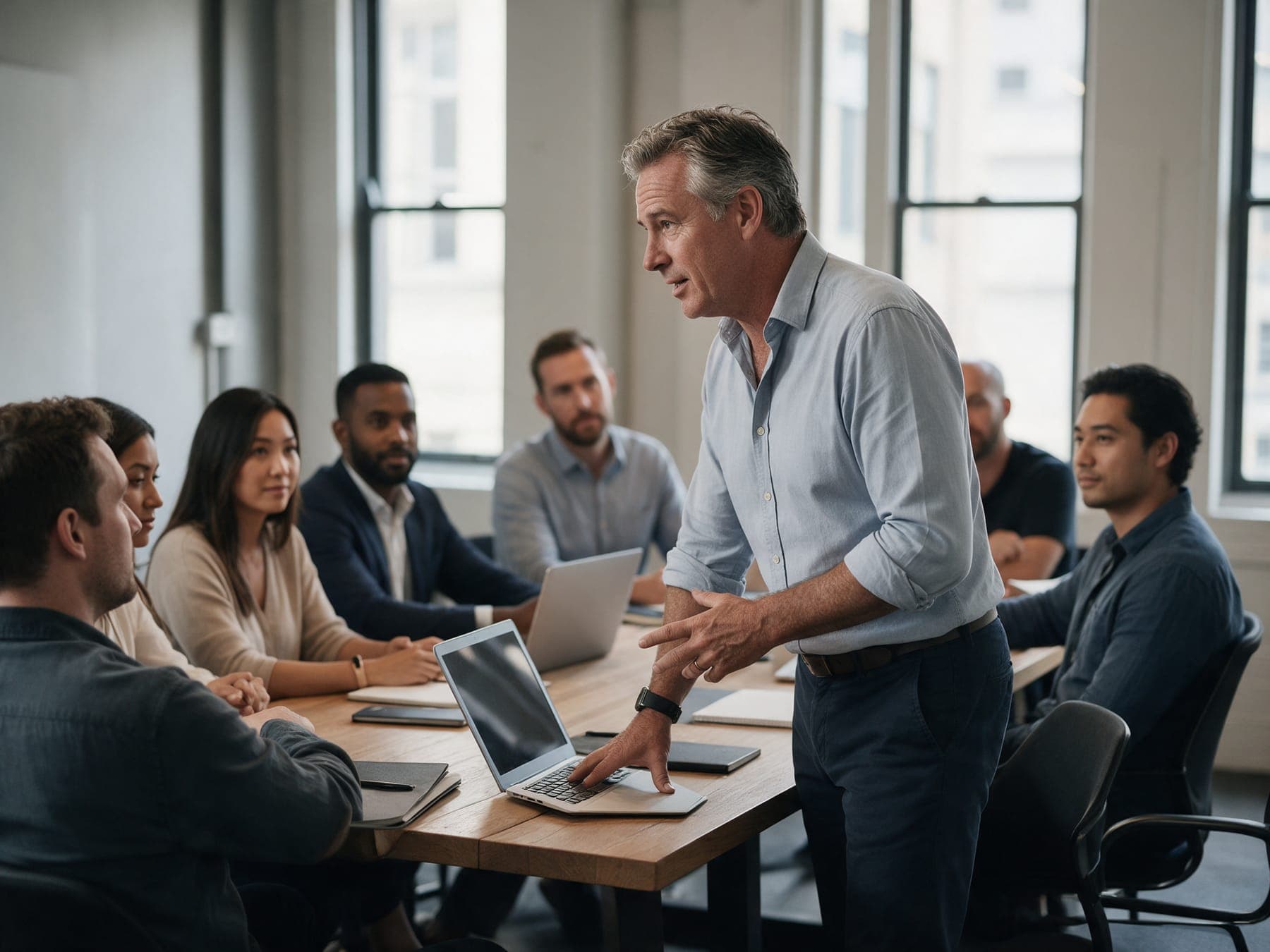 An insurance brokerage founder leads a team meeting in his Melbourne office